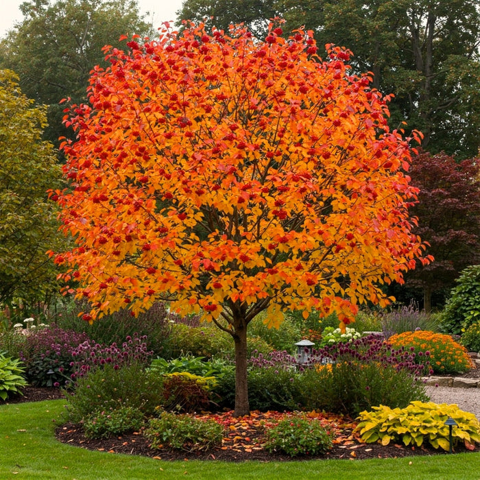 Autumn Brilliance Serviceberry with vivid red fall color in a residential landscape