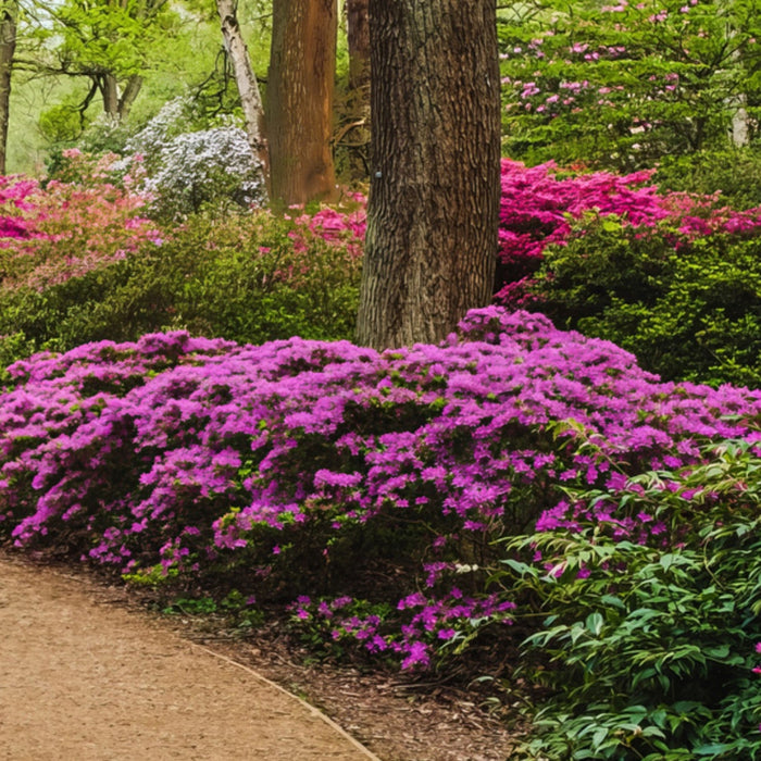 Autumn Royalty® Encore® azalea in a foundation bed, evergreen foliage and rich purple blooms creating long-season curb appeal.