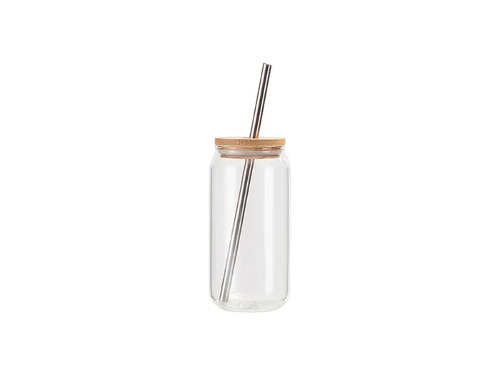 Sublimation Blanks 18oz/550ml Clear Can Glass Mug with bamboo lid & metal straw