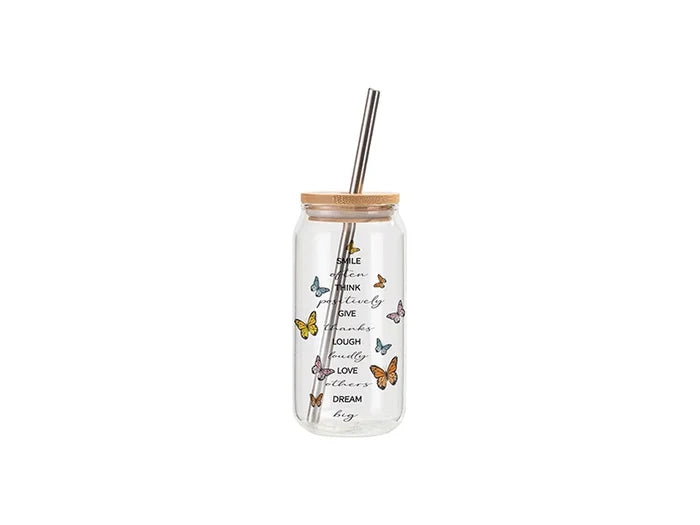 Sublimation Blanks 18oz/550ml Clear Can Glass Mug with bamboo lid & metal straw